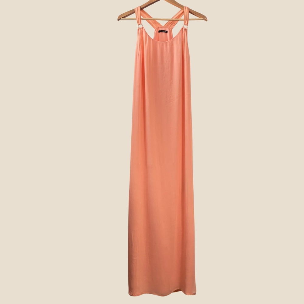 Massimo Dutti Coral Peach Crinkle Maxi Dress Racerback Side Slit Made in Portuga
